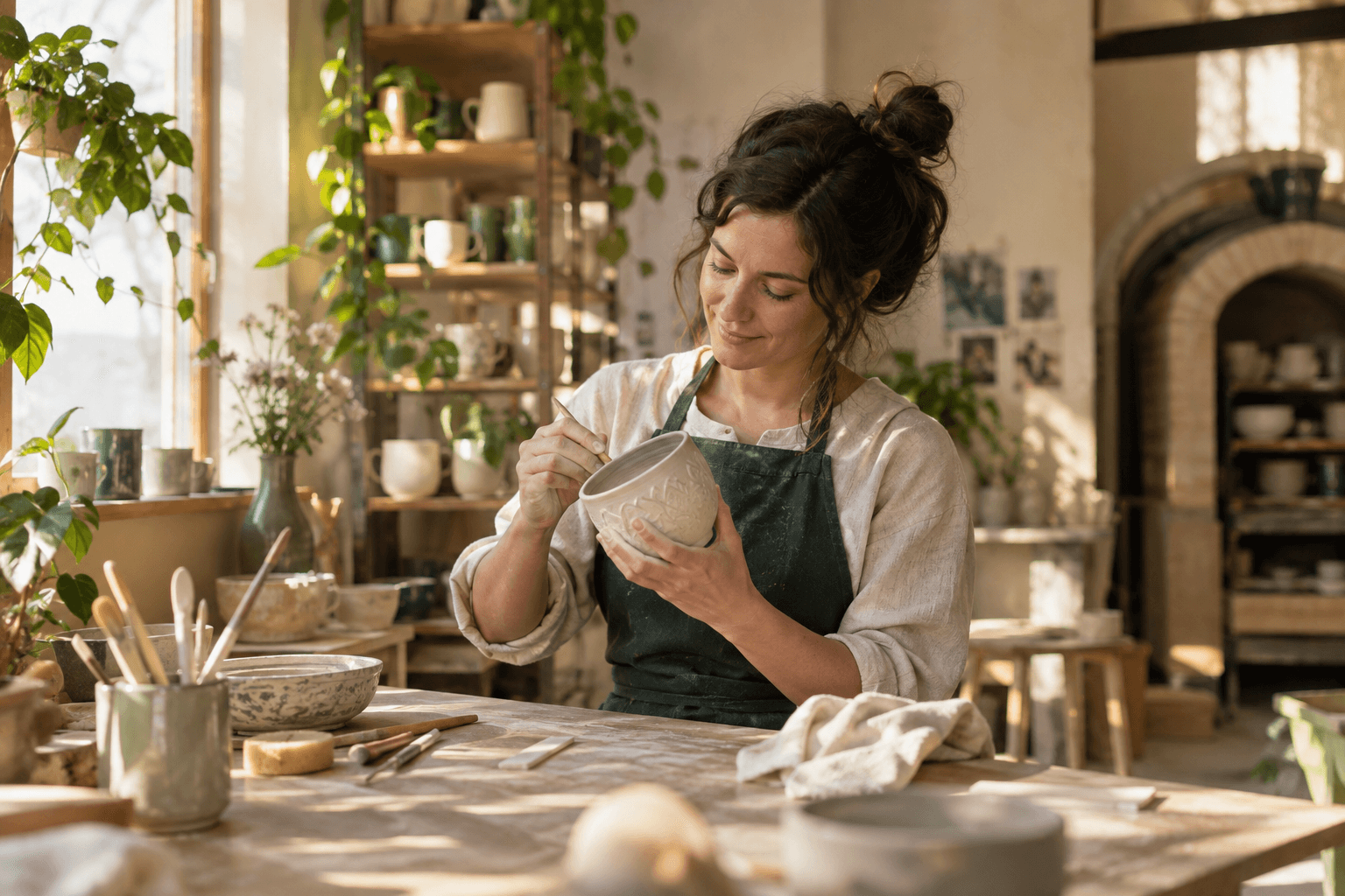 A ceramics studio owner concentrating on her craft at a sunlit workbench.