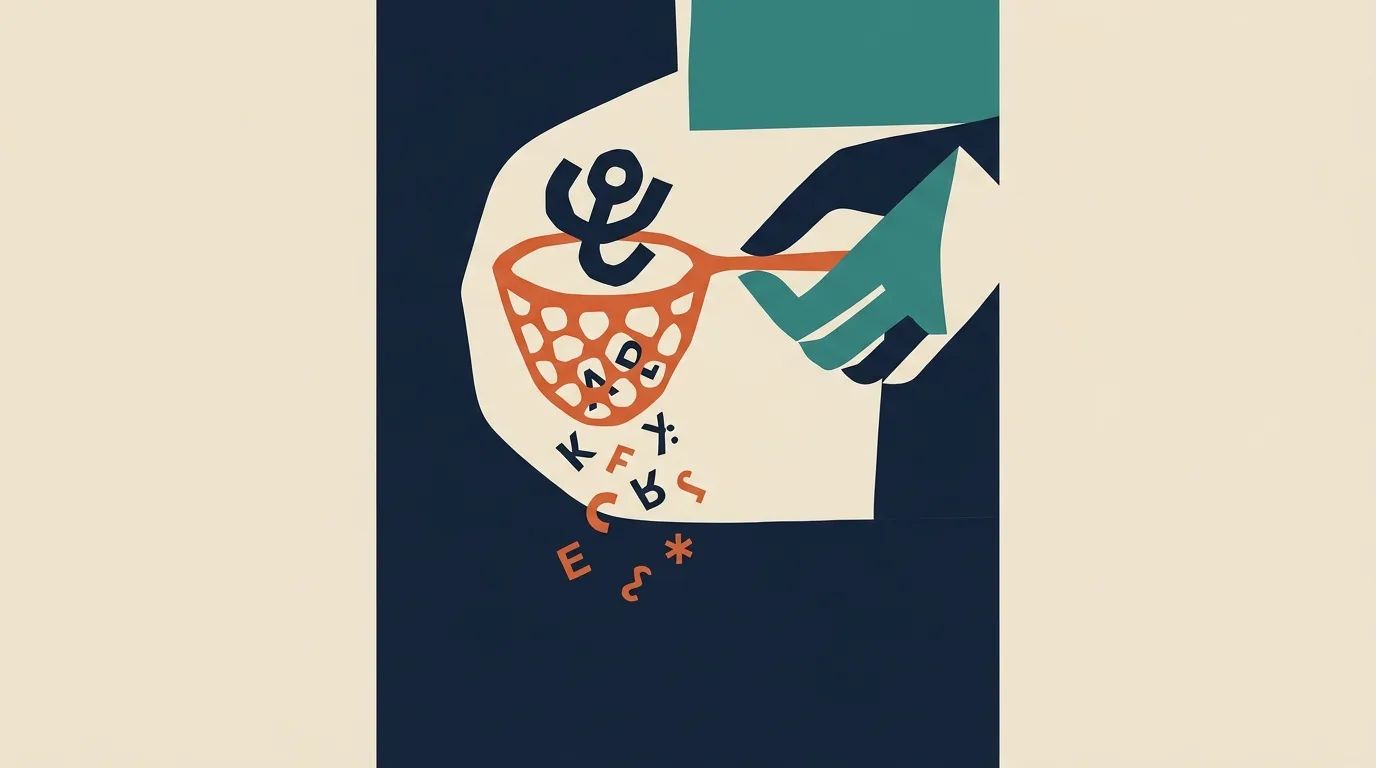 A teal hand holding a sieve as letter shapes fall through.