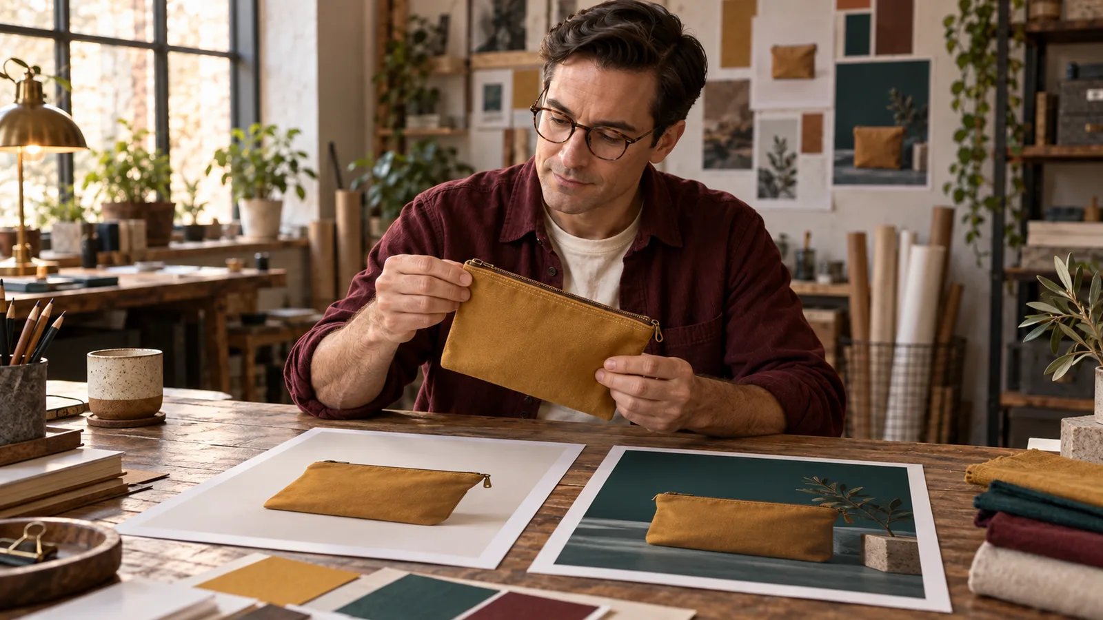 The recurring male editorial character compares an ochre canvas pouch with two product-image prints at a sunlit worktable.