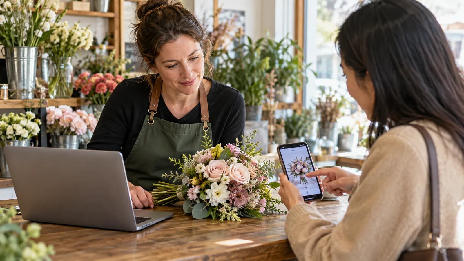 A florist helps a customer compare a bouquet with a photograph on a phone.