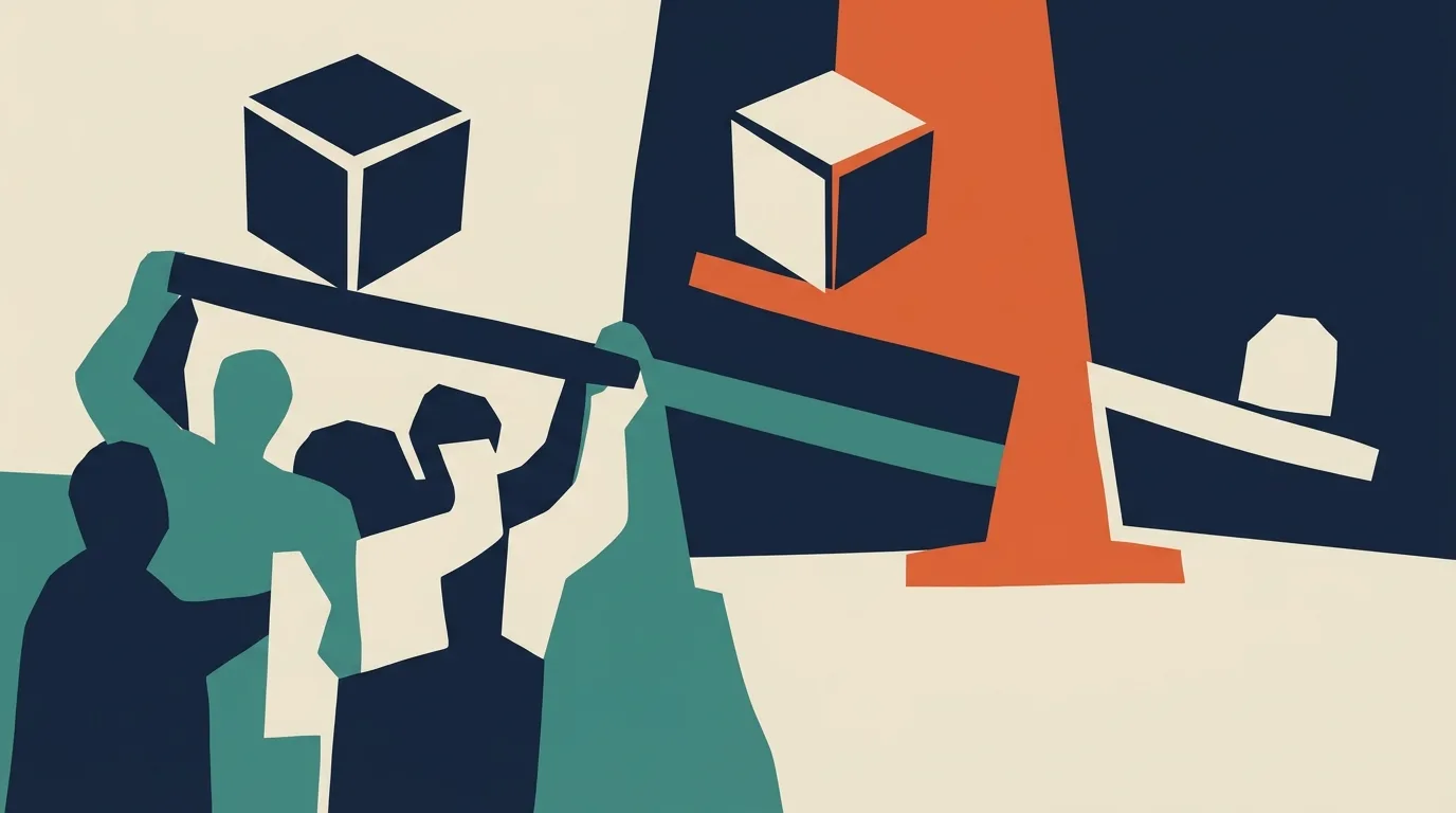 Figures lifting a slanted beam beneath floating cubes.