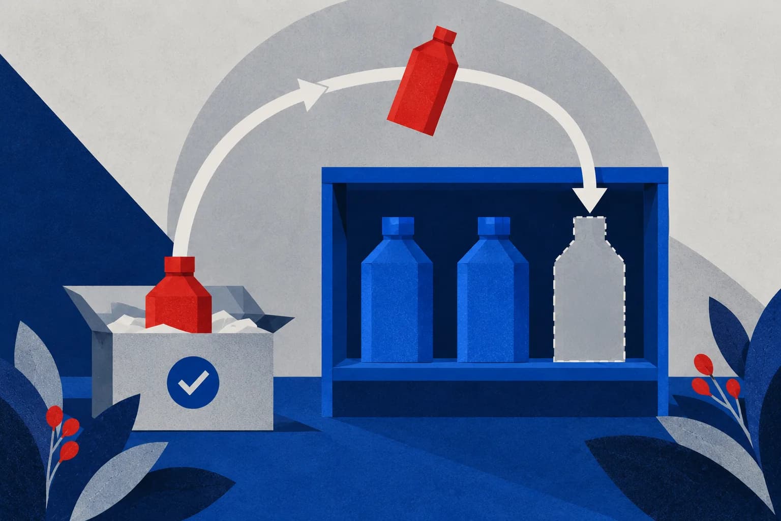 A red bottle follows a white curved arrow from a receiving box toward an empty outlined slot beside two blue bottles.