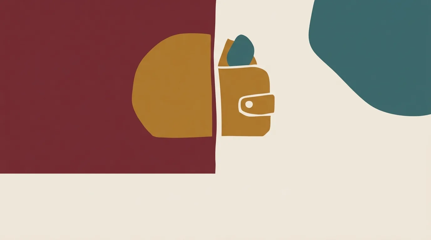 A gold wallet emerging from overlapping burgundy and teal shapes.
