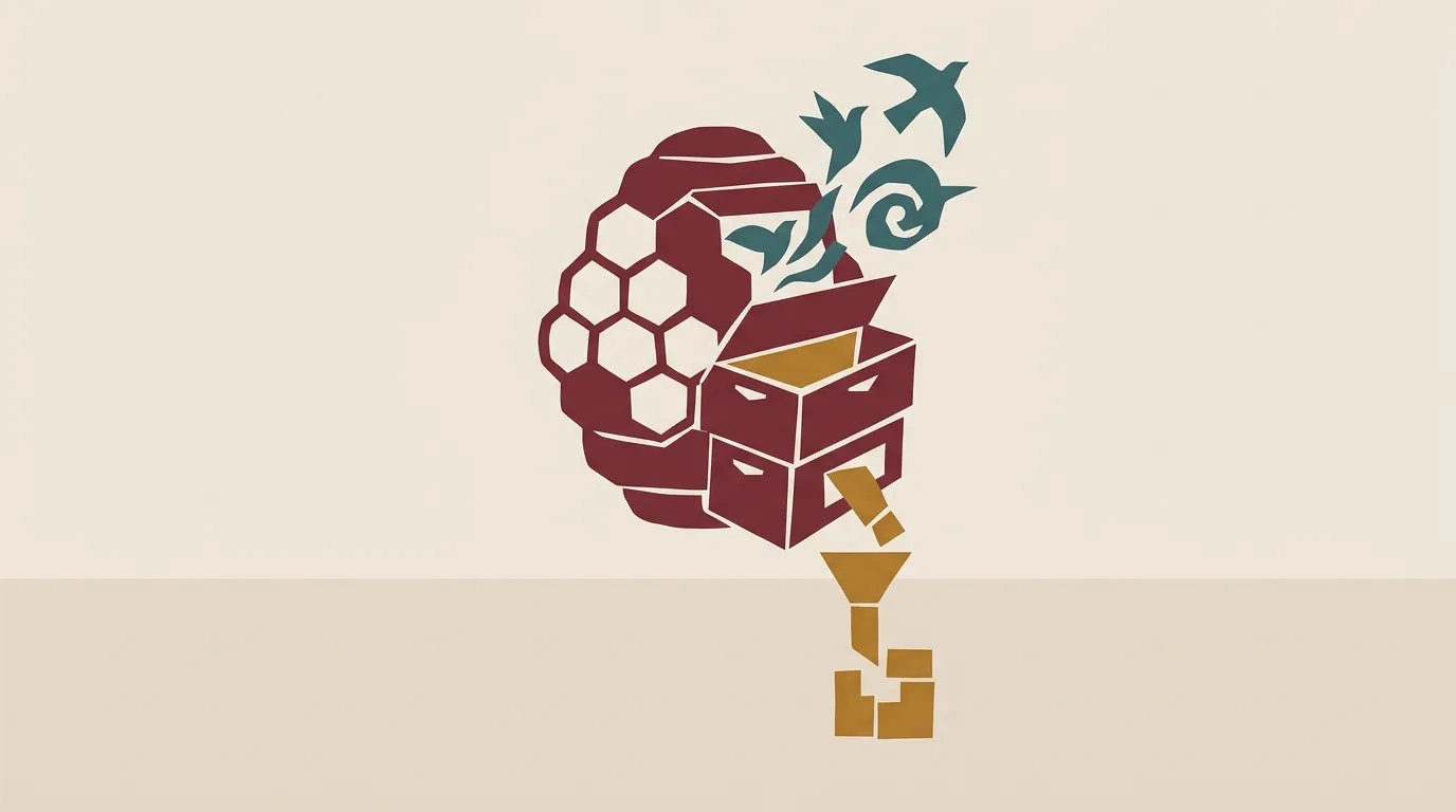 A burgundy honeycomb and stacked boxes with gold pieces falling below.