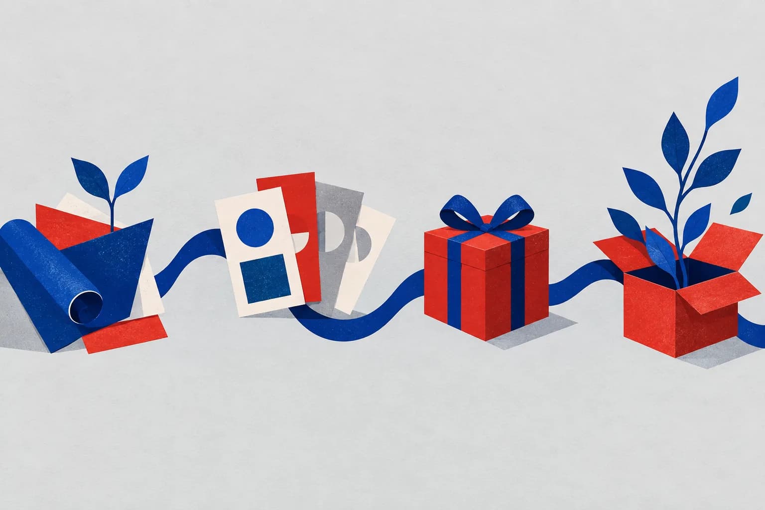 Una cinta índigo conecta tarjetas geométricas, una caja de regalo roja y un brote azul sobre un fondo claro.