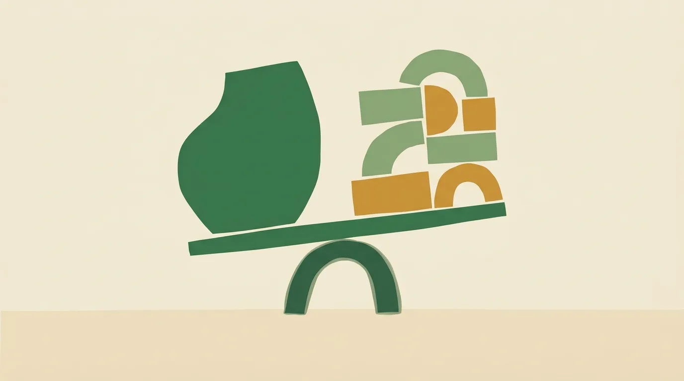 A balance supporting a green vessel and a stack of geometric shapes.