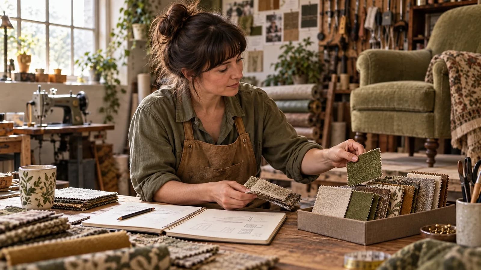 The recurring female workshop character sorts fabric reference swatches beside a notebook in her upholstery studio.