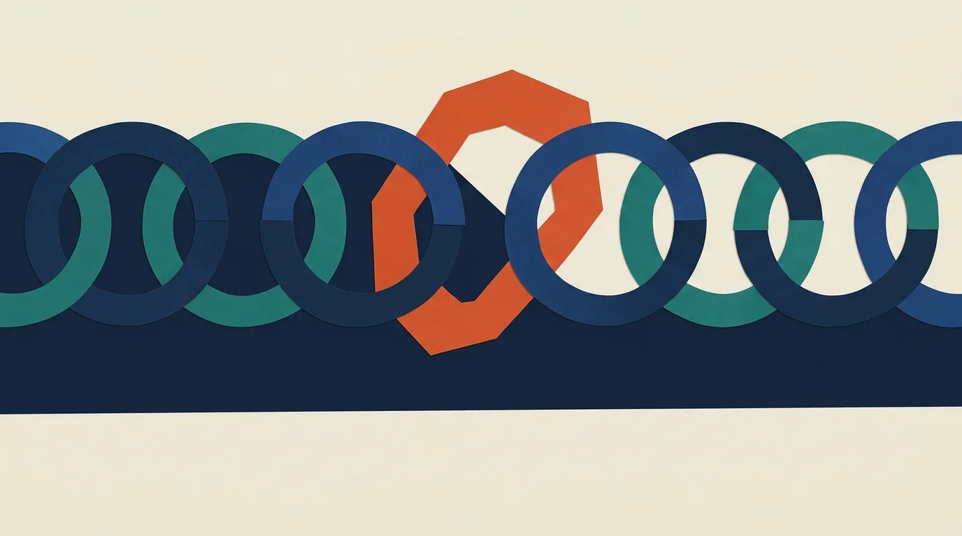 A row of interlocking rings with an angular orange ring in the middle.