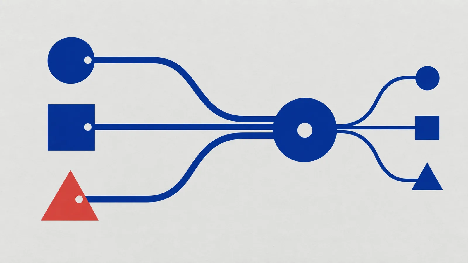 Blue geometric paths from a circle, square and red triangle join a shared campaign hub.