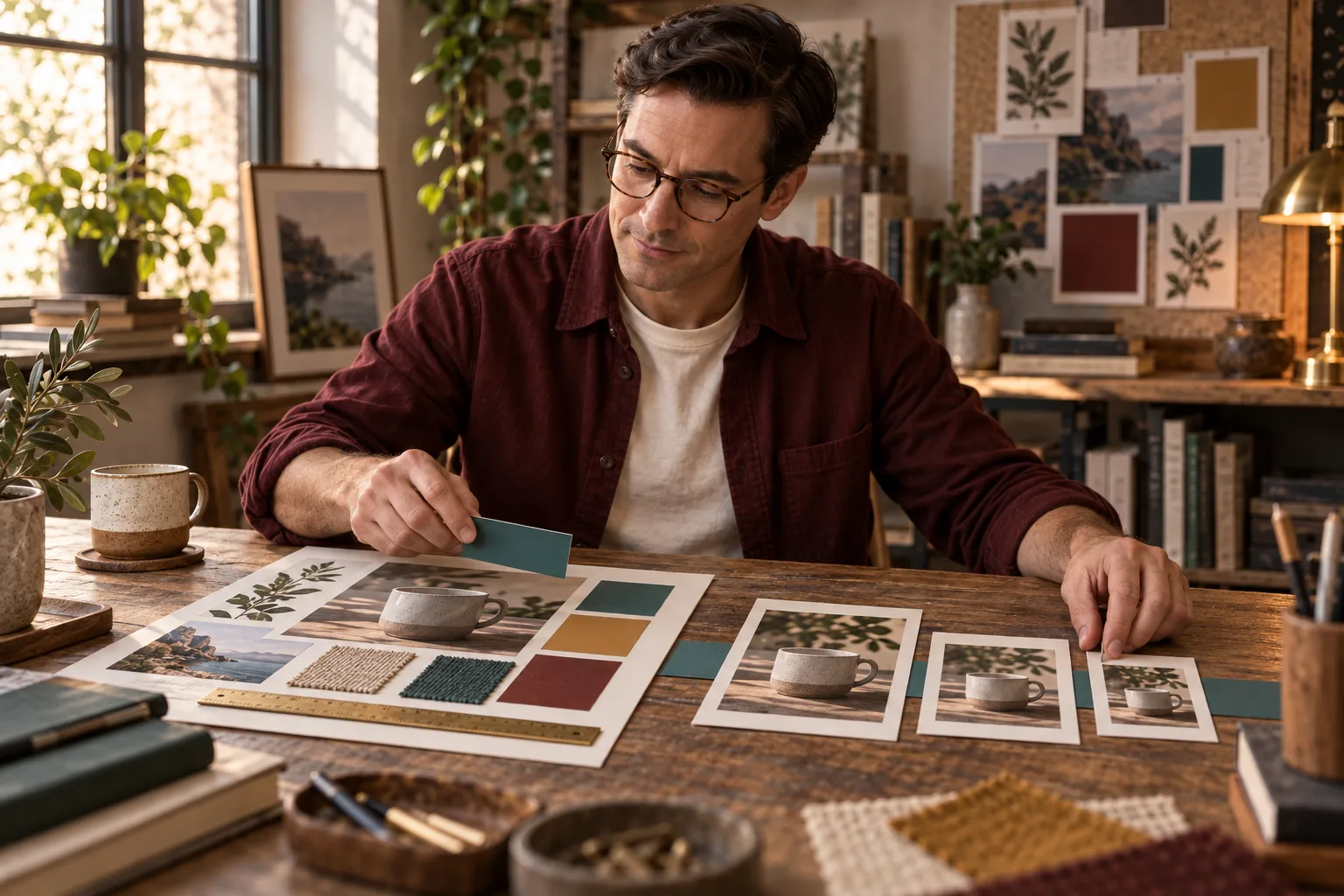 A fictional male analyst in glasses and a burgundy shirt compares a mug layout board with a series of smaller campaign cards.