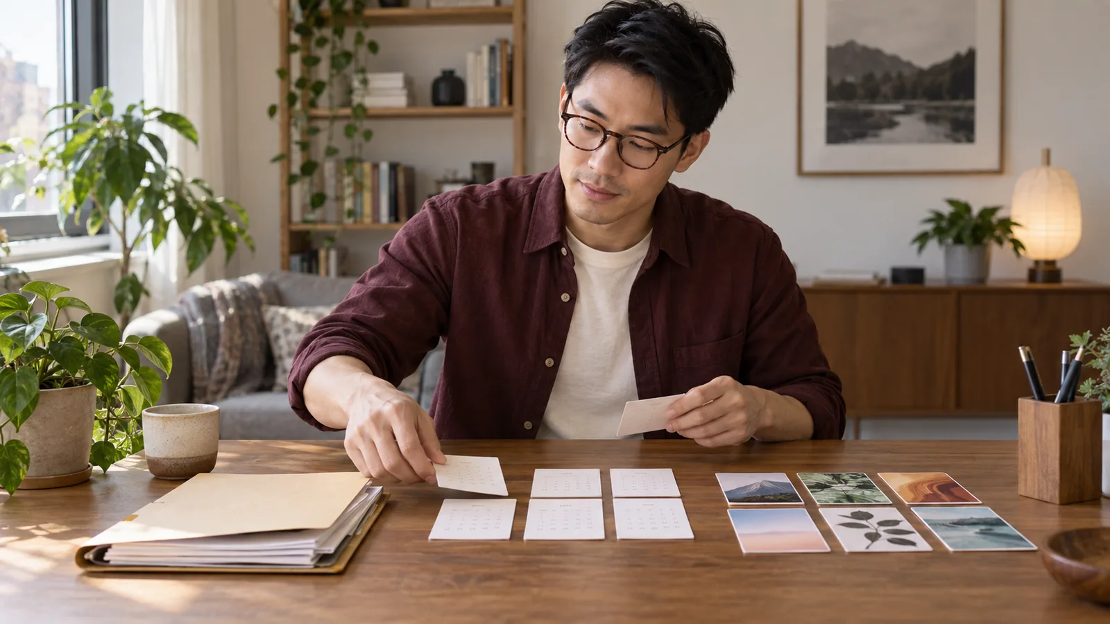 A fictional male analyst in round glasses and a burgundy shirt compares notes, calendar cards and creative materials.