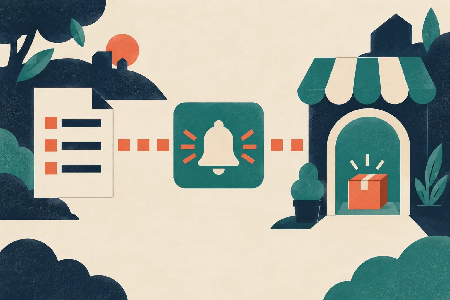 A coral dotted path connects an order slip to a bell notification and then to a teal shop doorway containing a parcel.