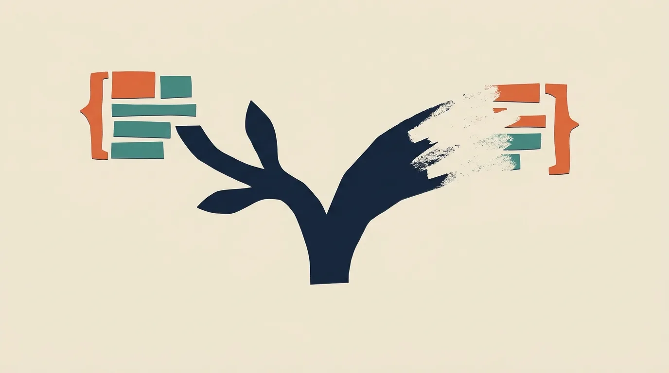 A branching navy form between two contrasting sets of colored bars.