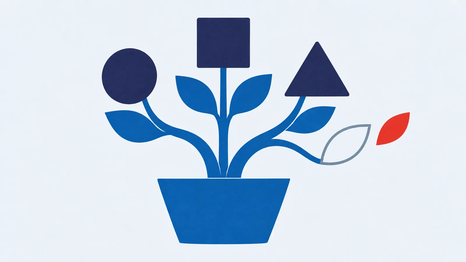 A blue geometric plant branches into different shapes, with an outlined missing leaf and a red leaf beside it.