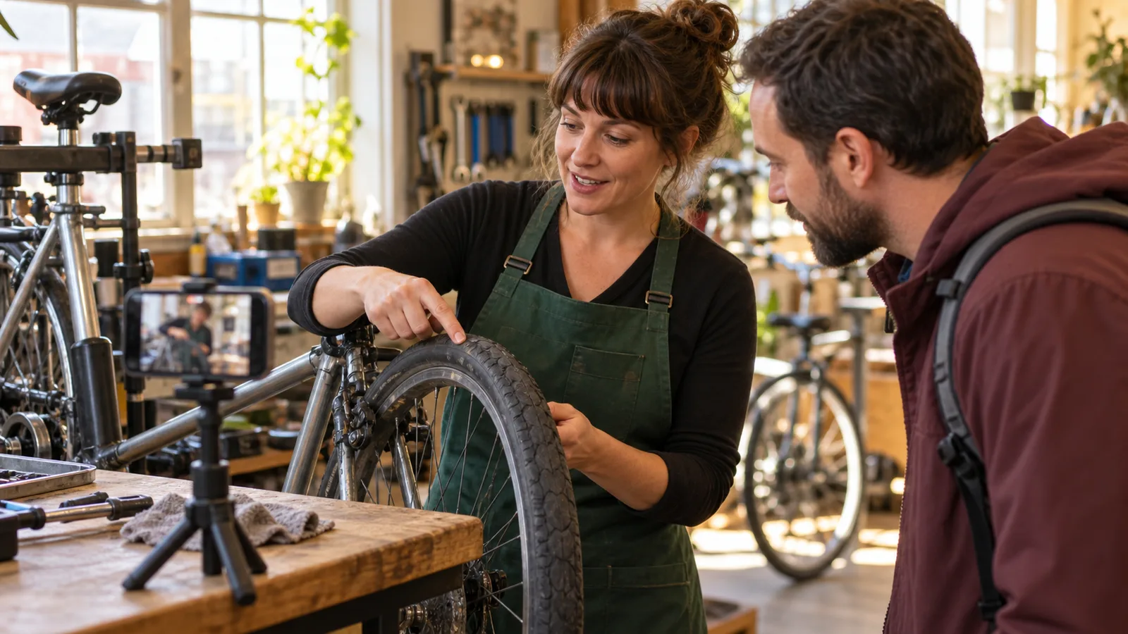 A bicycle mechanic explains a tire to a customer while a phone records the demonstration.