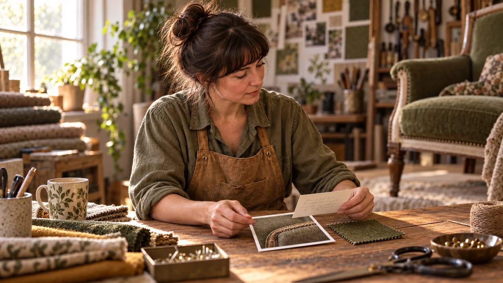 The recurring fictional woman compares a note with a chair-seam photograph and fabric in her workshop.