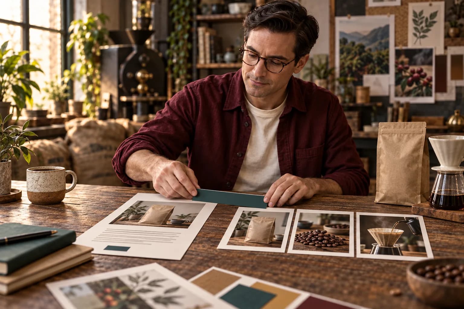 A man in a burgundy overshirt compares a detailed coffee-campaign sheet with three photographic cards beside a coffee bag and dripper.