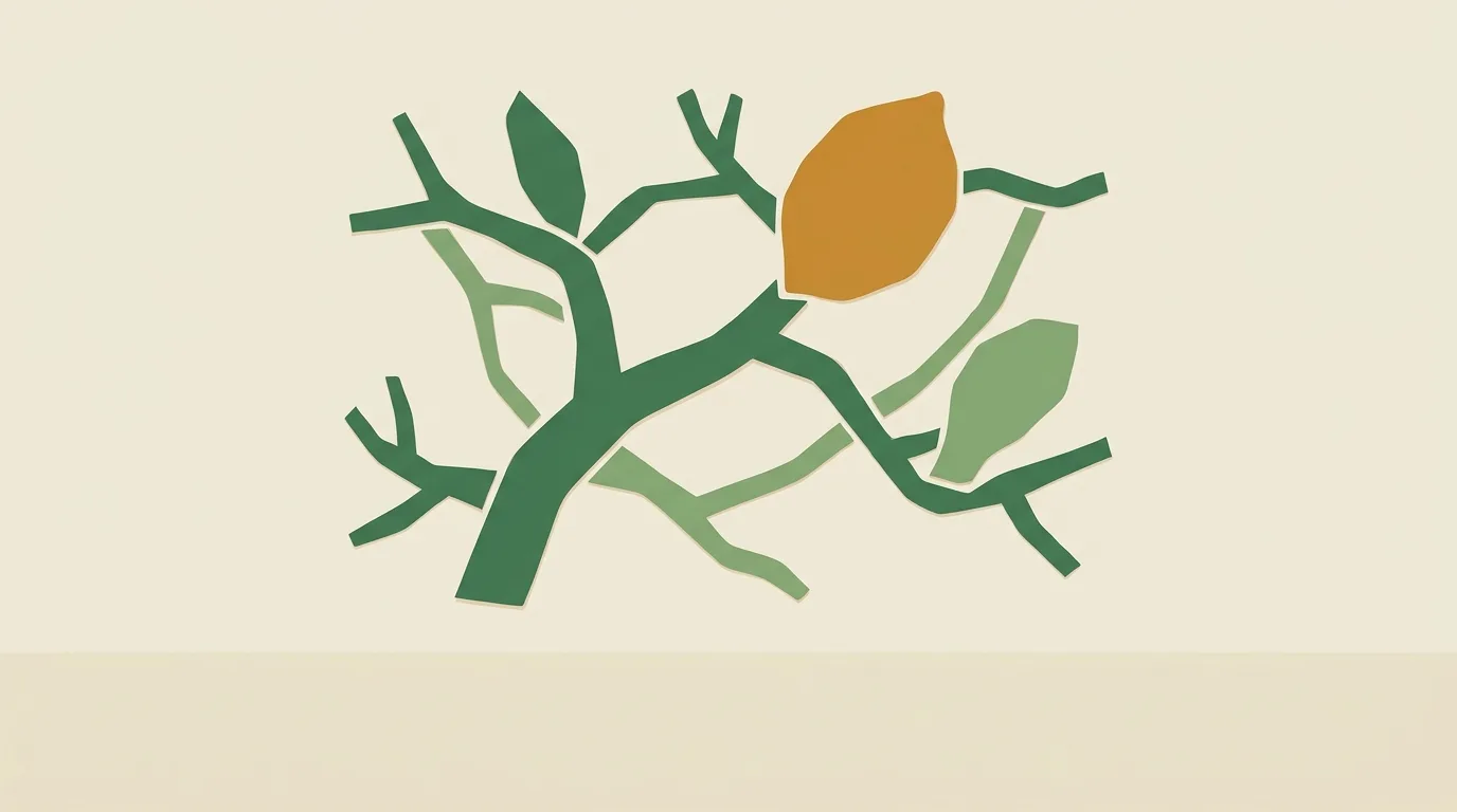 A gold fruit at the center of interwoven green branches.