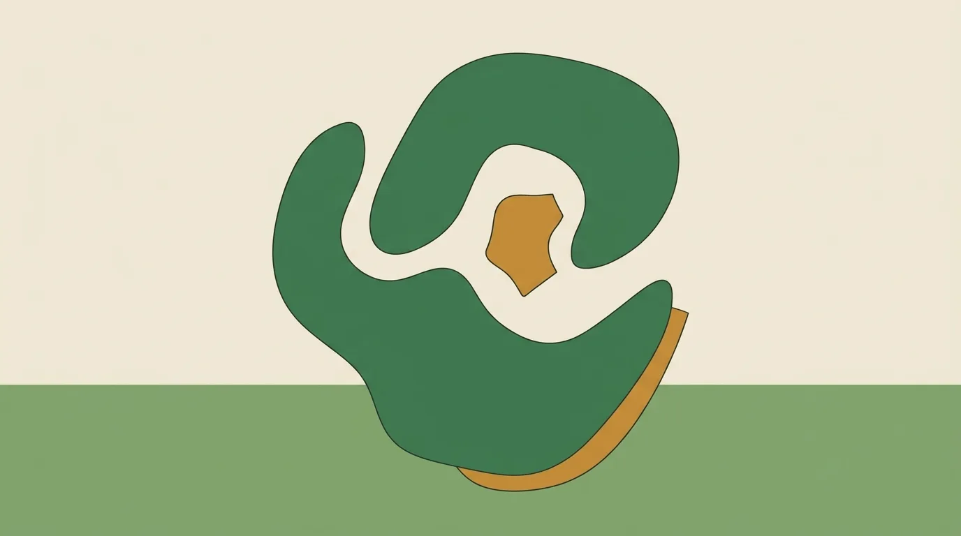 A small gold shape enclosed by broad curved green forms.
