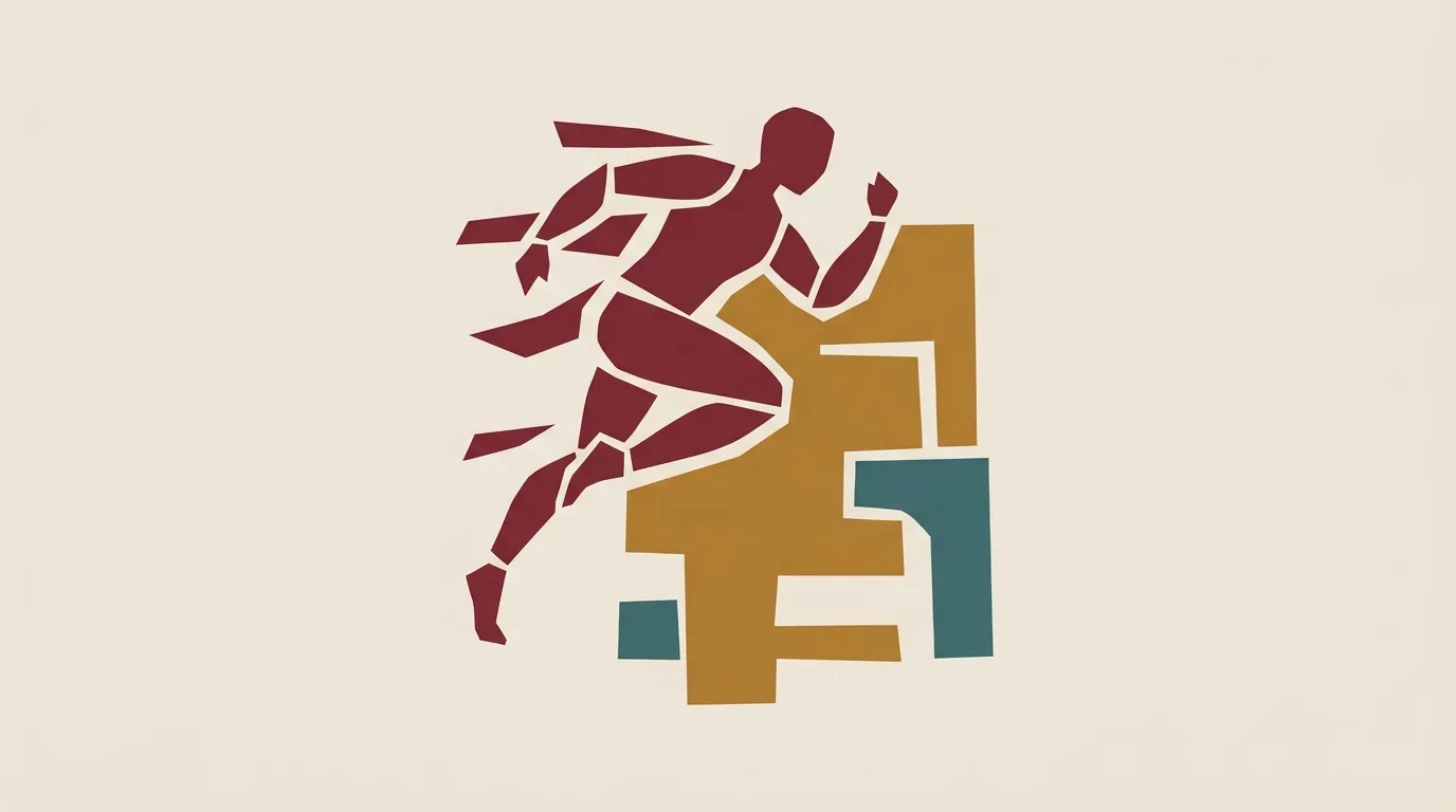 A burgundy running figure climbing gold and teal blocks.