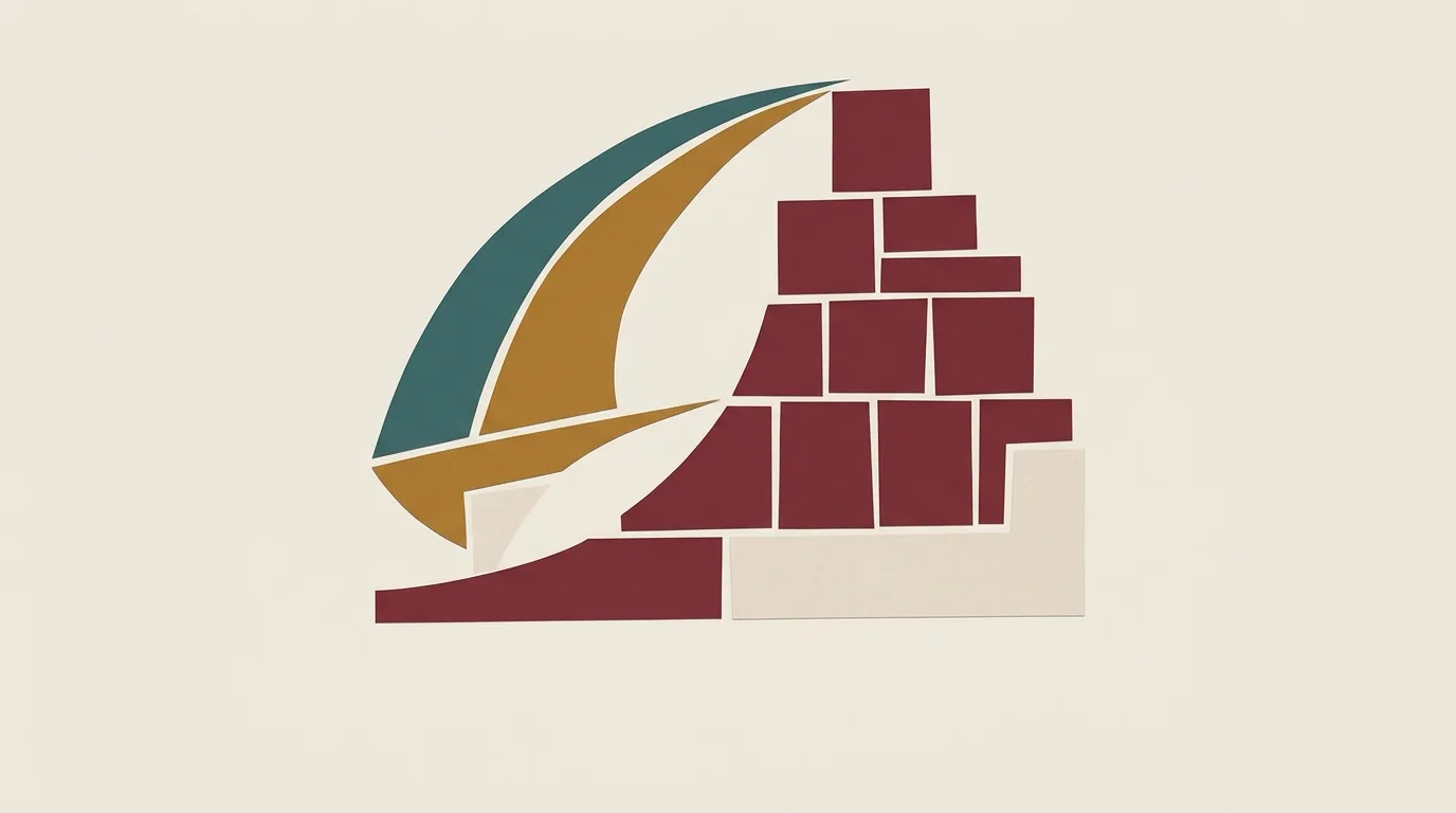 A curved teal and gold form beside a stepped burgundy wall.