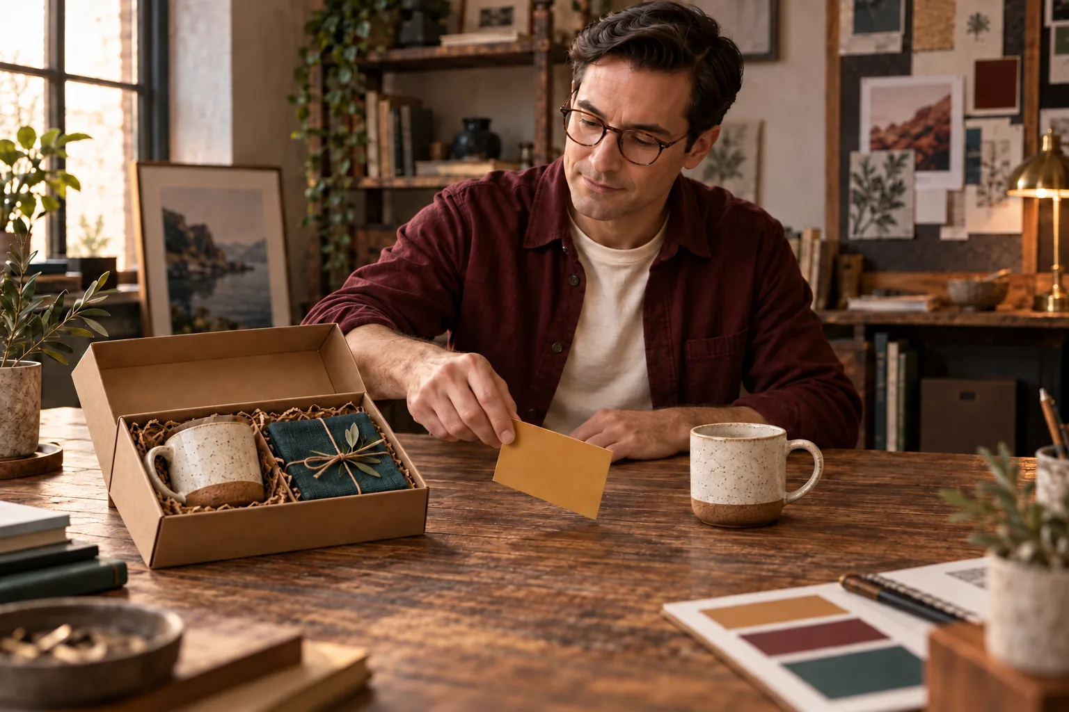A fictional male analyst compares a boxed mug and teal linen coaster with a standalone mug on the table.