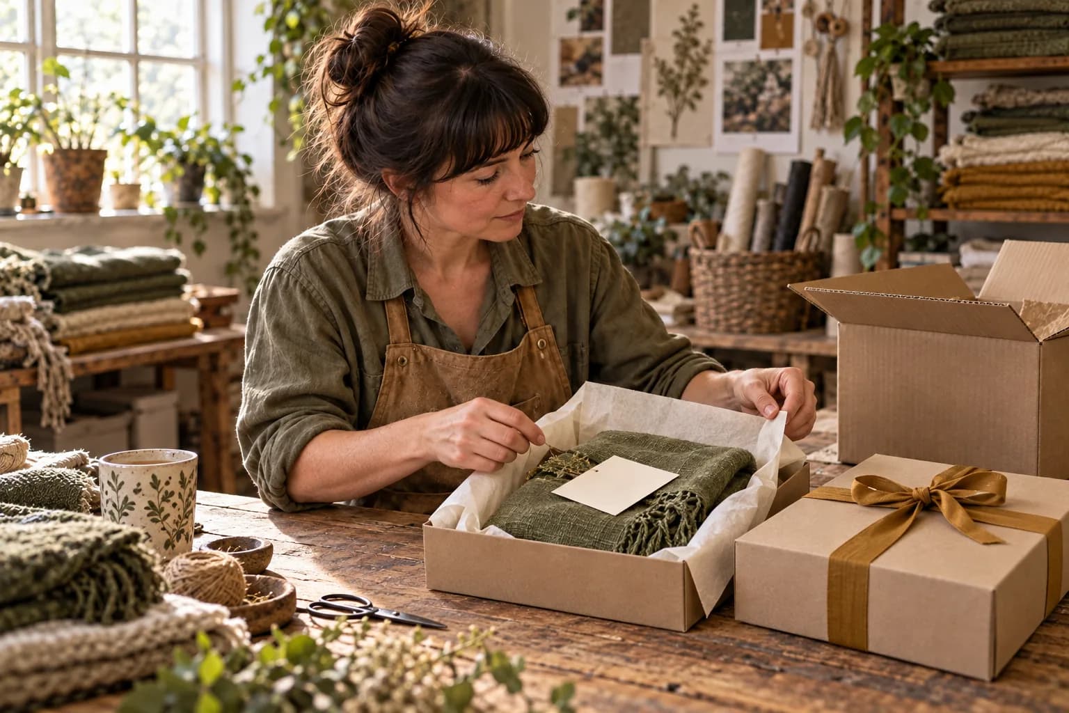 A woman arranges tissue around a green scarf in an open gift box beside a ribbon-tied box and an outer shipping carton.