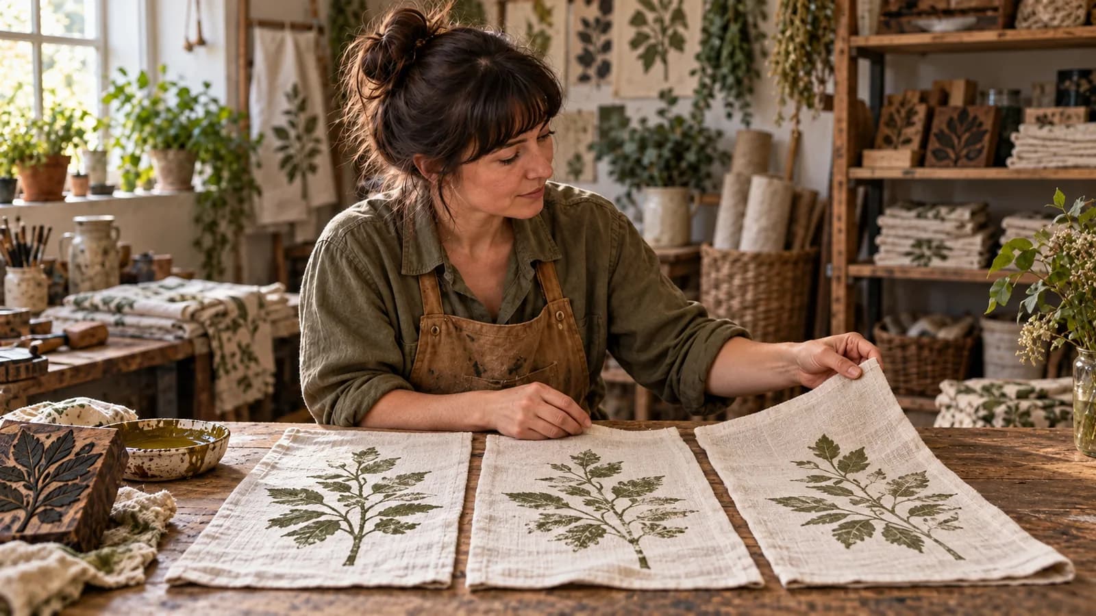 A woman in a workshop compares three linen towels printed with a moss-green leaf design, lifting one to show differences in the impressions.