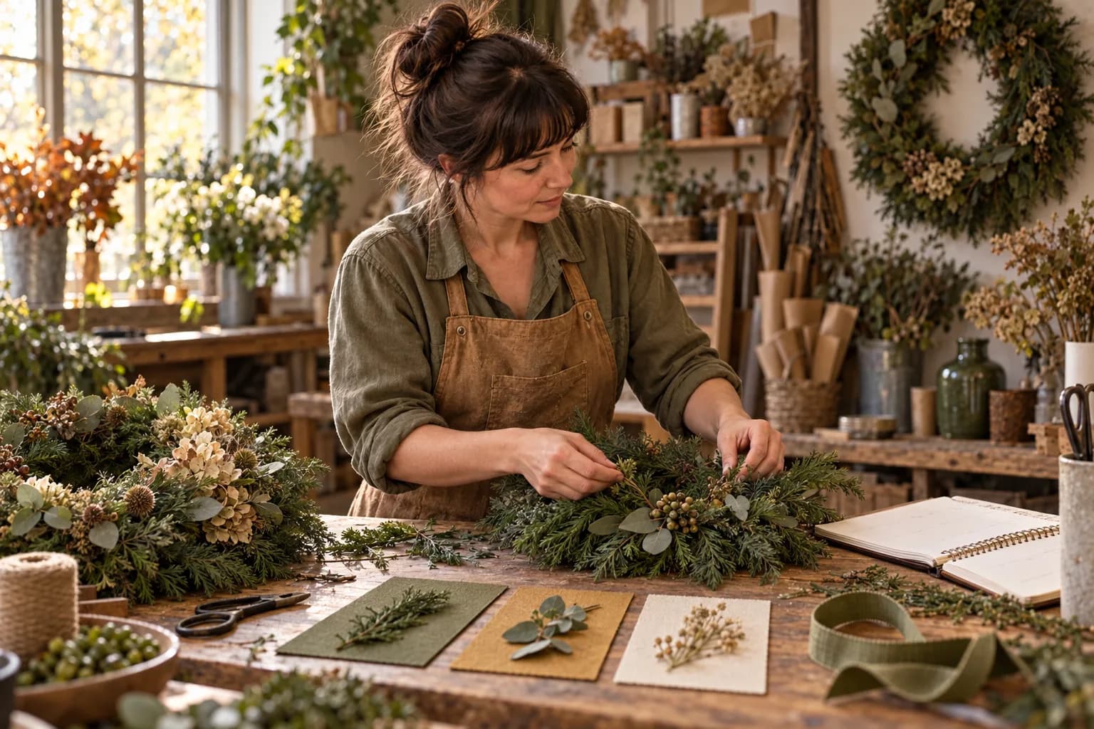 A woman in an olive shirt and tan apron arranges a wreath beside another floral example, material cards and an open planner.