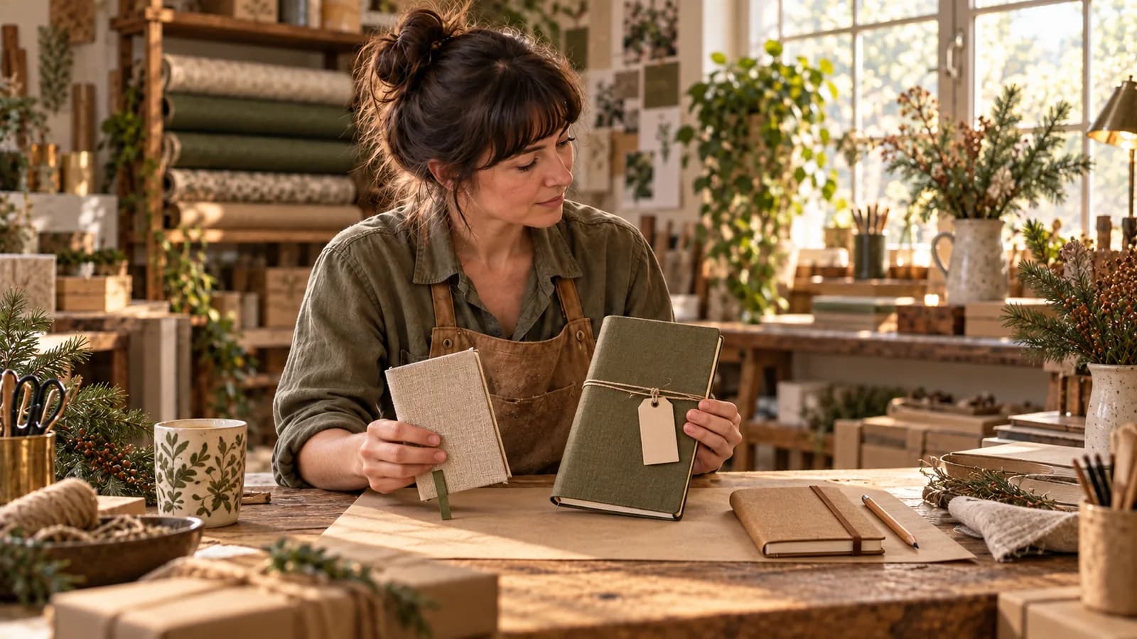 A fictional maker compares a pocket notebook and larger linen journal beside a third notebook and pencil.