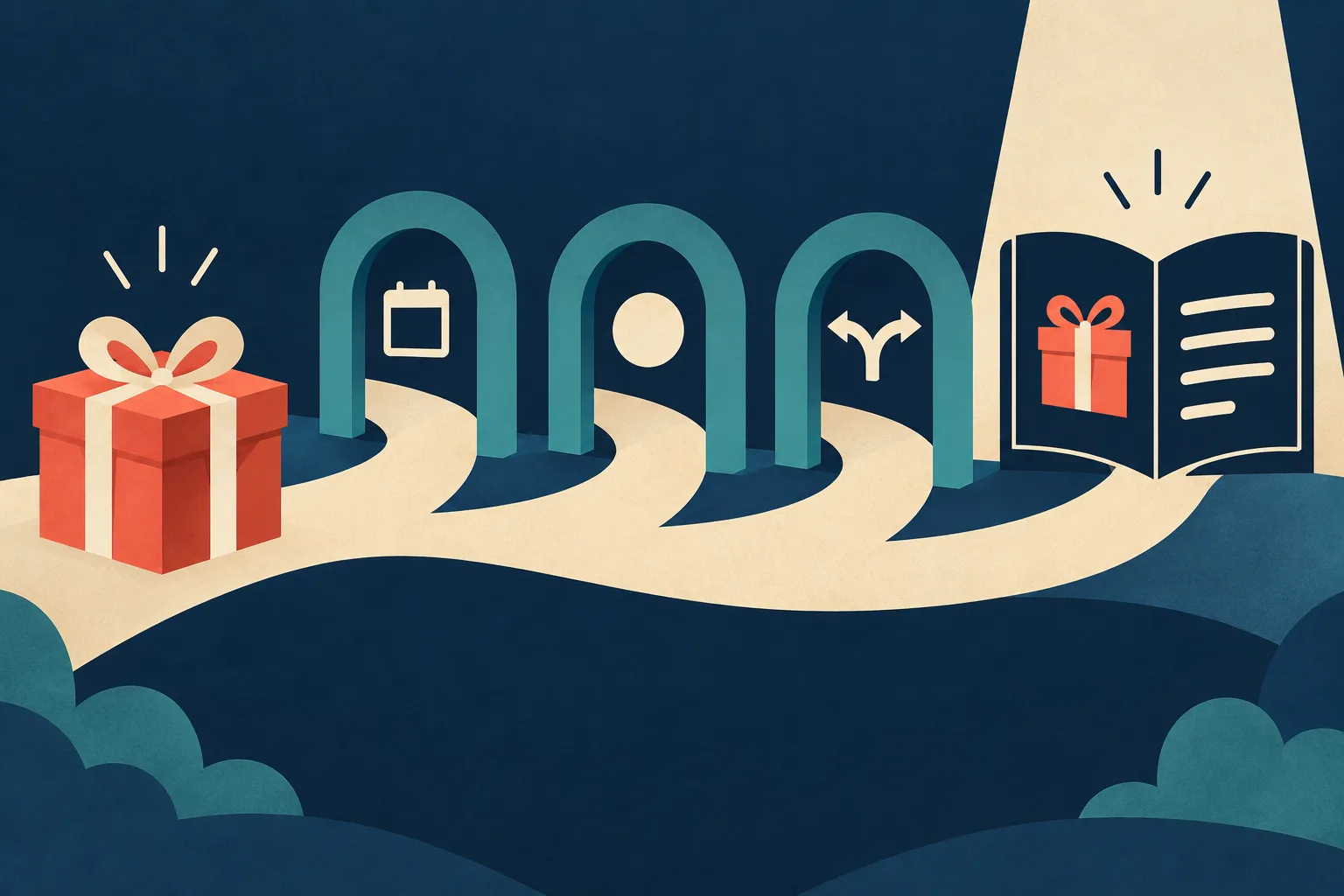 A coral gift connects through teal arches marked with calendar, cost and route symbols to an open policy book.