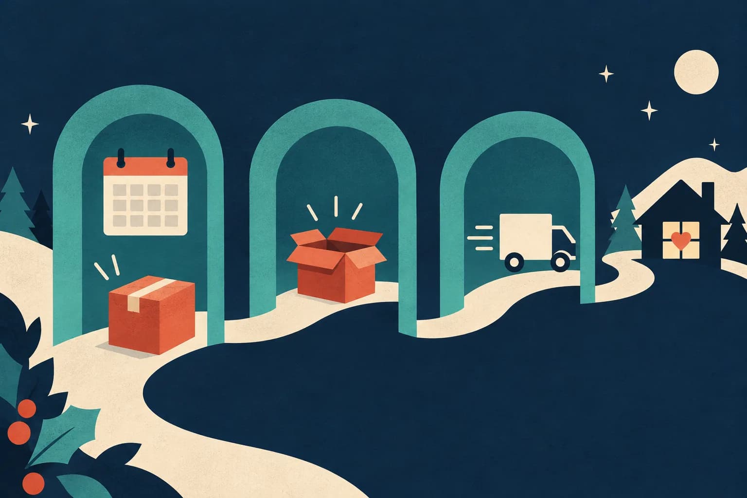 Drei türkisfarbene Bögen verbinden einen Kalender, die Paketvorbereitung und einen Lieferwagen entlang eines cremefarbenen Wegs zu einem Haus auf marineblauem Hintergrund.