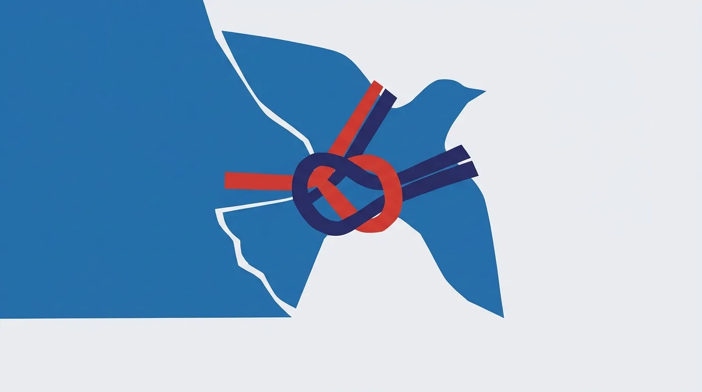 A blue bird caught in a red and navy knot.