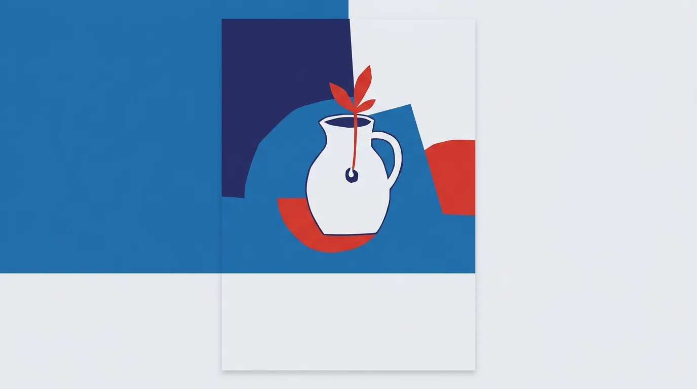 A blue hand holding a pale vase with a red sprout.