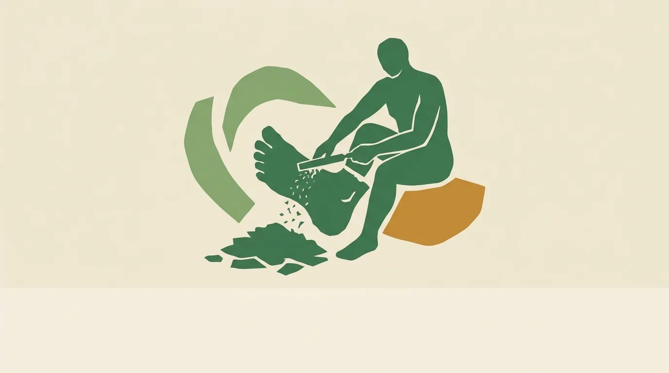 A seated green figure shaping a curved object with scattered pieces below.