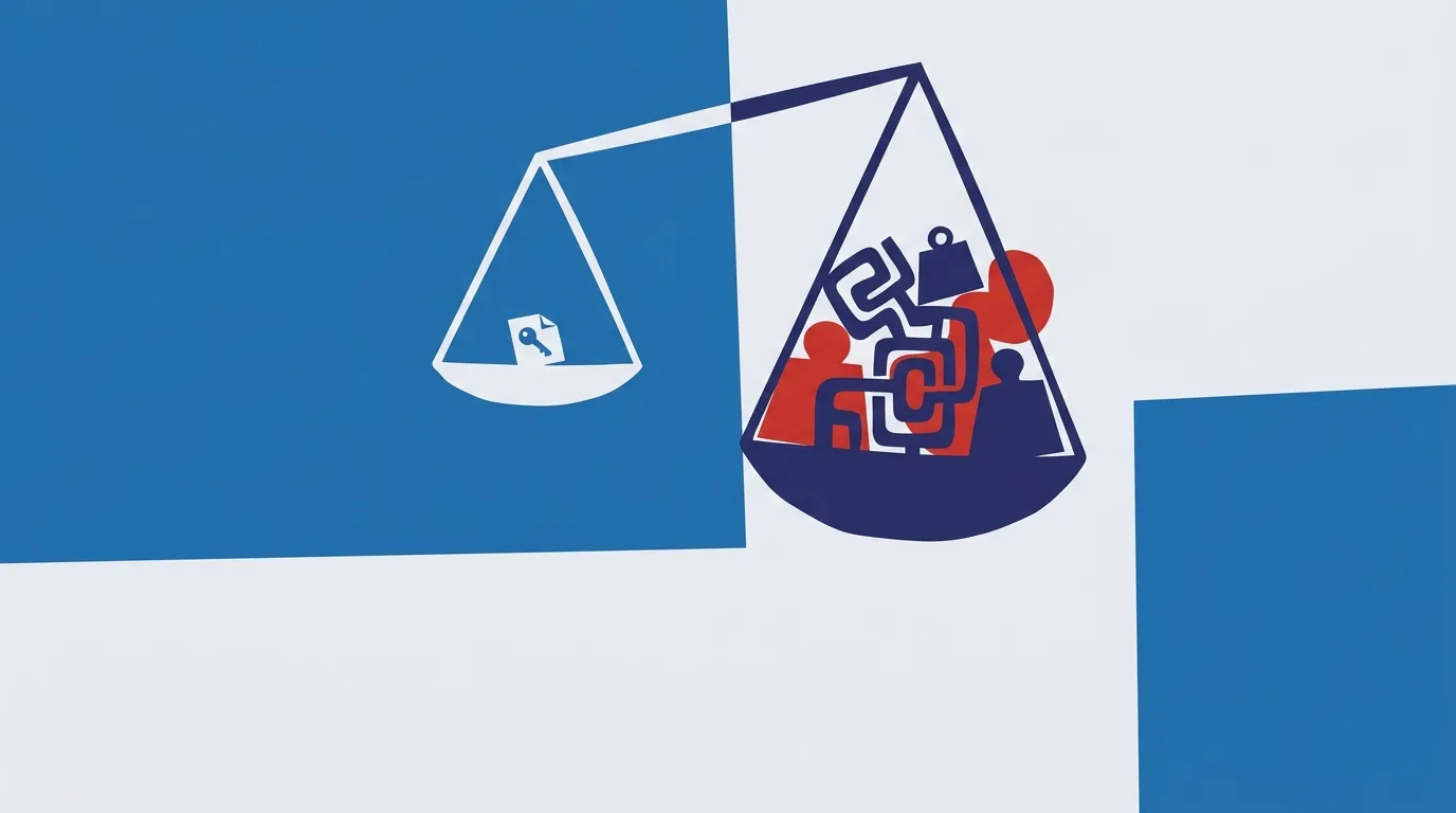 A balance comparing a small object with a cluster of people and shapes.