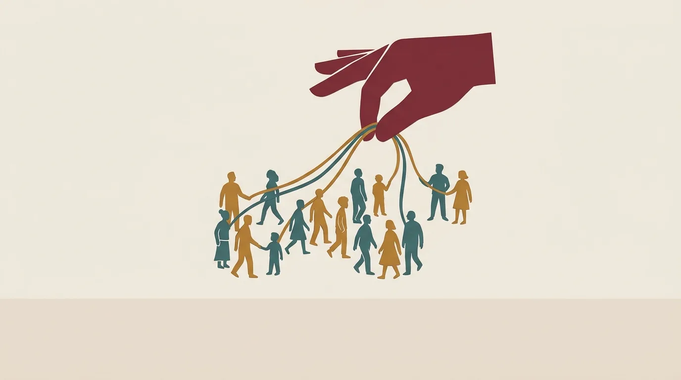 A large burgundy hand holding strings connected to small figures.