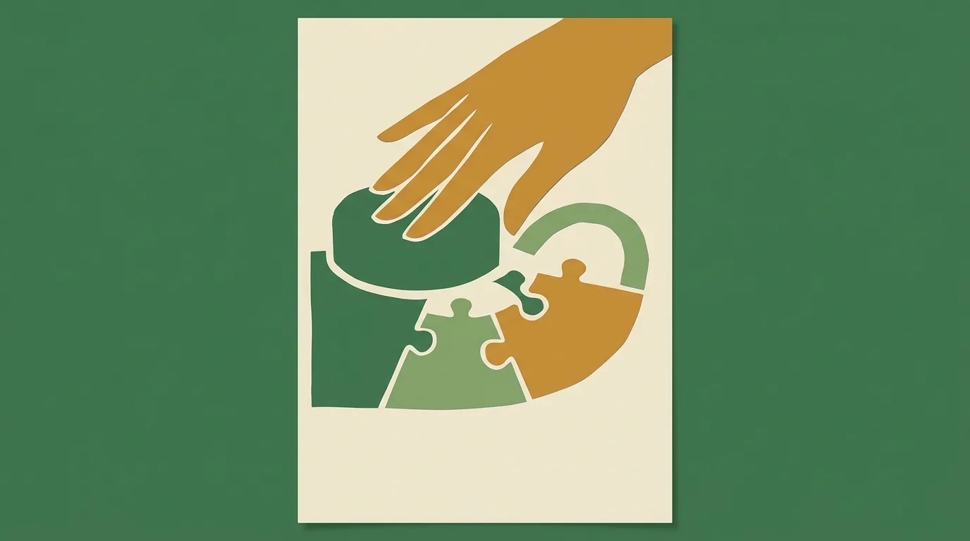 A gold hand pressing a green shape into a circular puzzle.