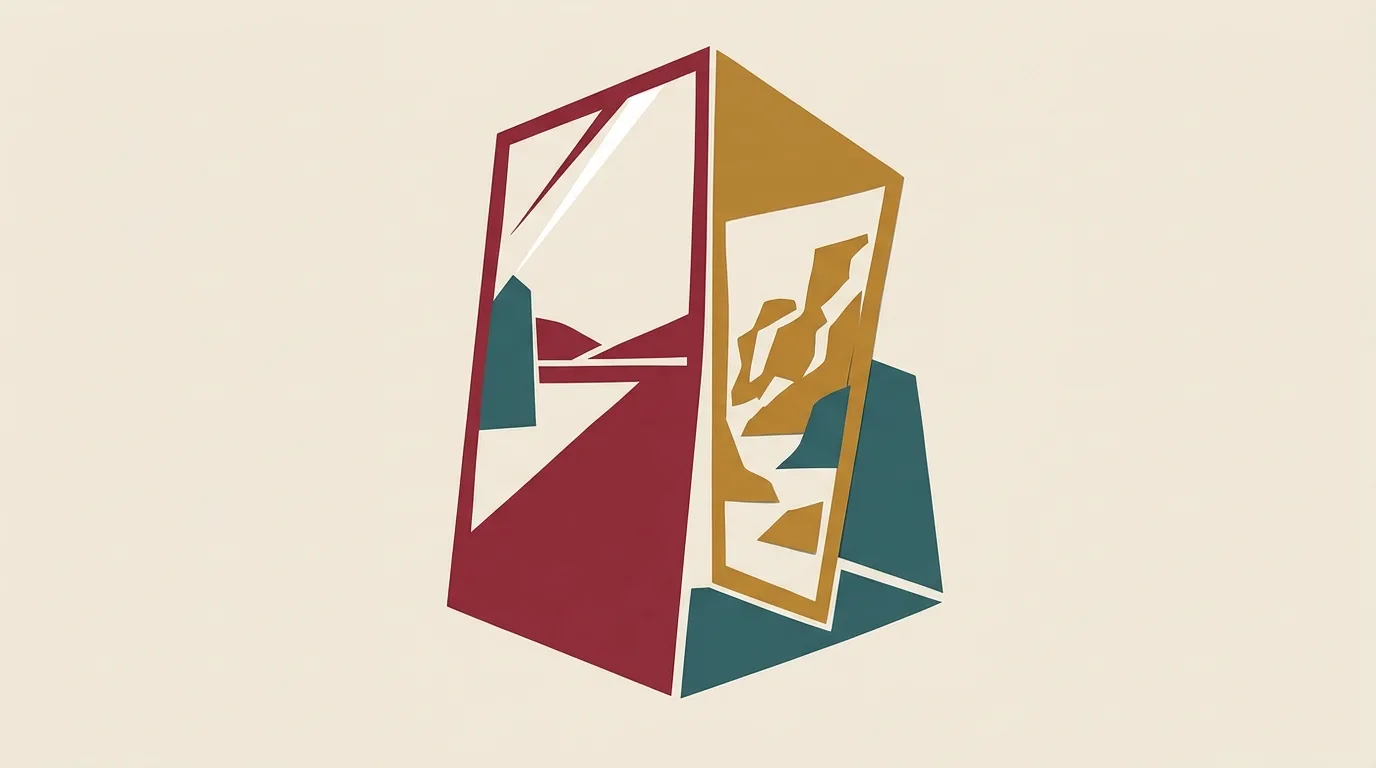 A burgundy doorway beside a gold panel with branching shapes.