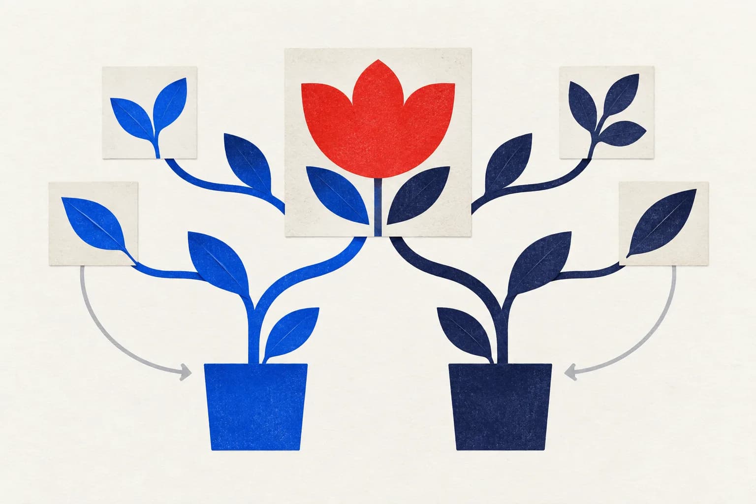 Blue and indigo plants in separate pots join at a red flower card, with smaller leaf cards on their outer branches.