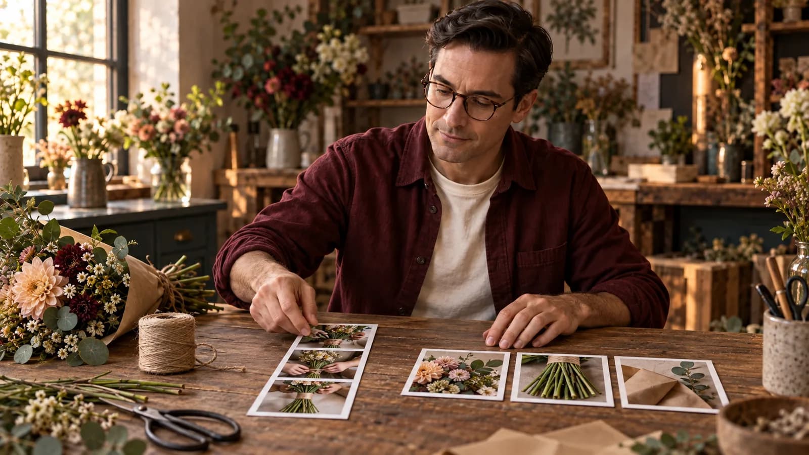 The recurring male editorial character compares a strip of bouquet-making photographs with separate detail cards in a florist's workroom.