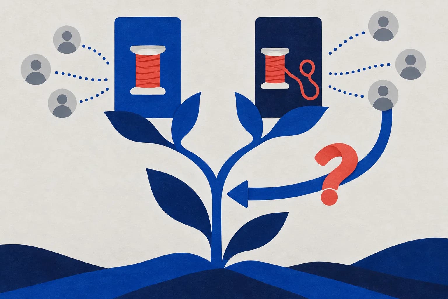 A blue geometric plant holds two red-spool video cards, with audience icons and a curved arrow returning a question to the stem.