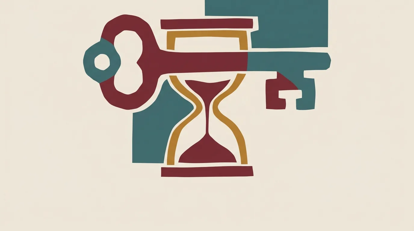 A burgundy key overlapping a gold hourglass.