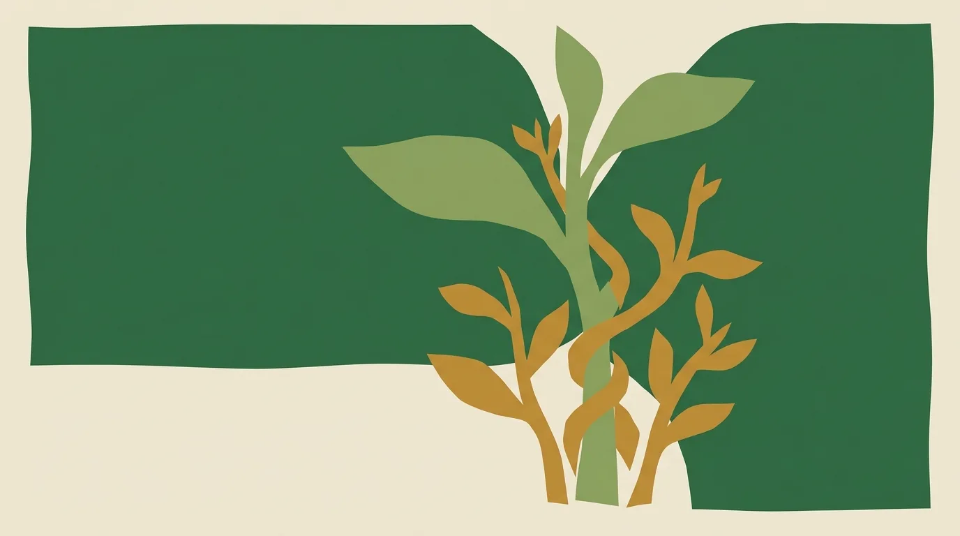 Green and gold branches growing across overlapping green panels.