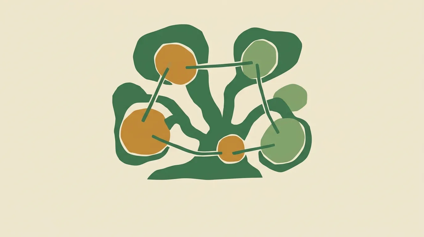 Green and gold nodes connected by looping branches.