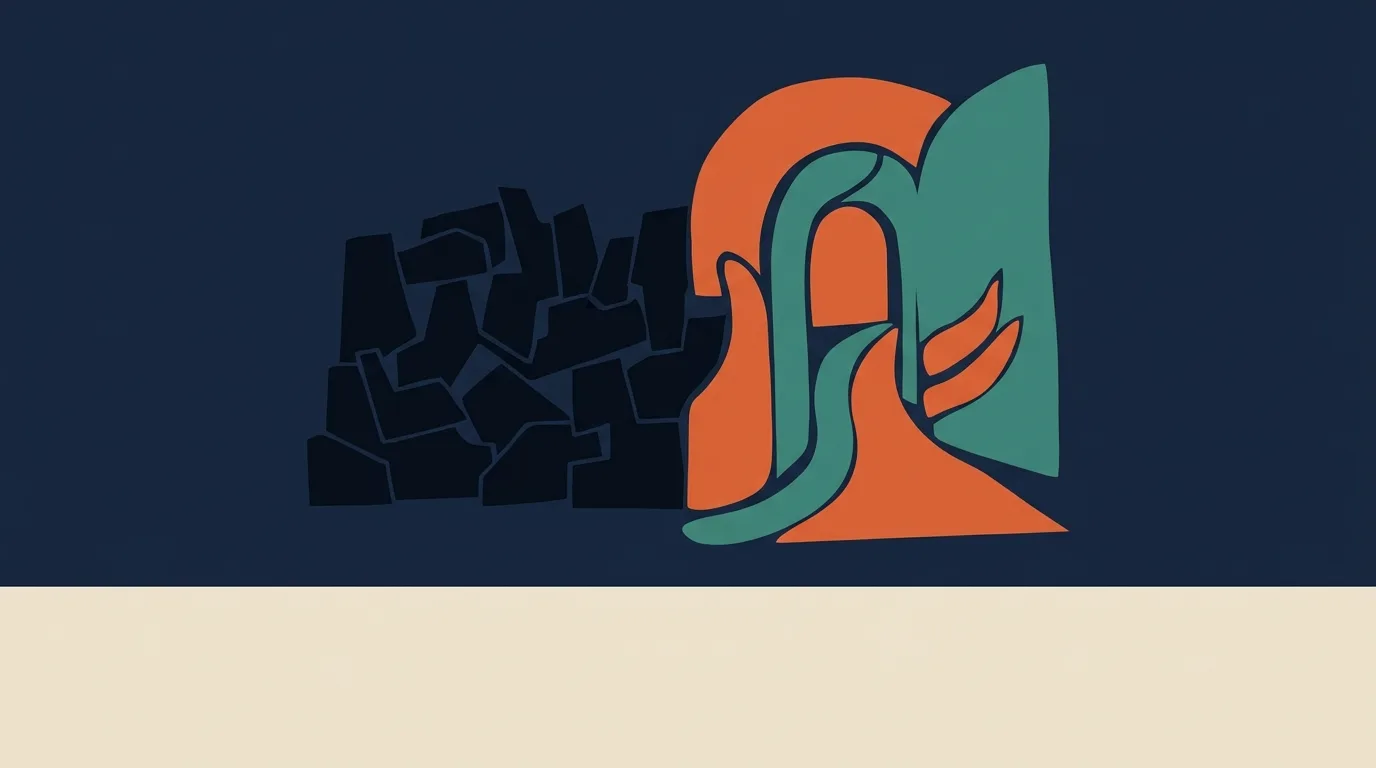 Dark stacked blocks beside large orange and teal arches.