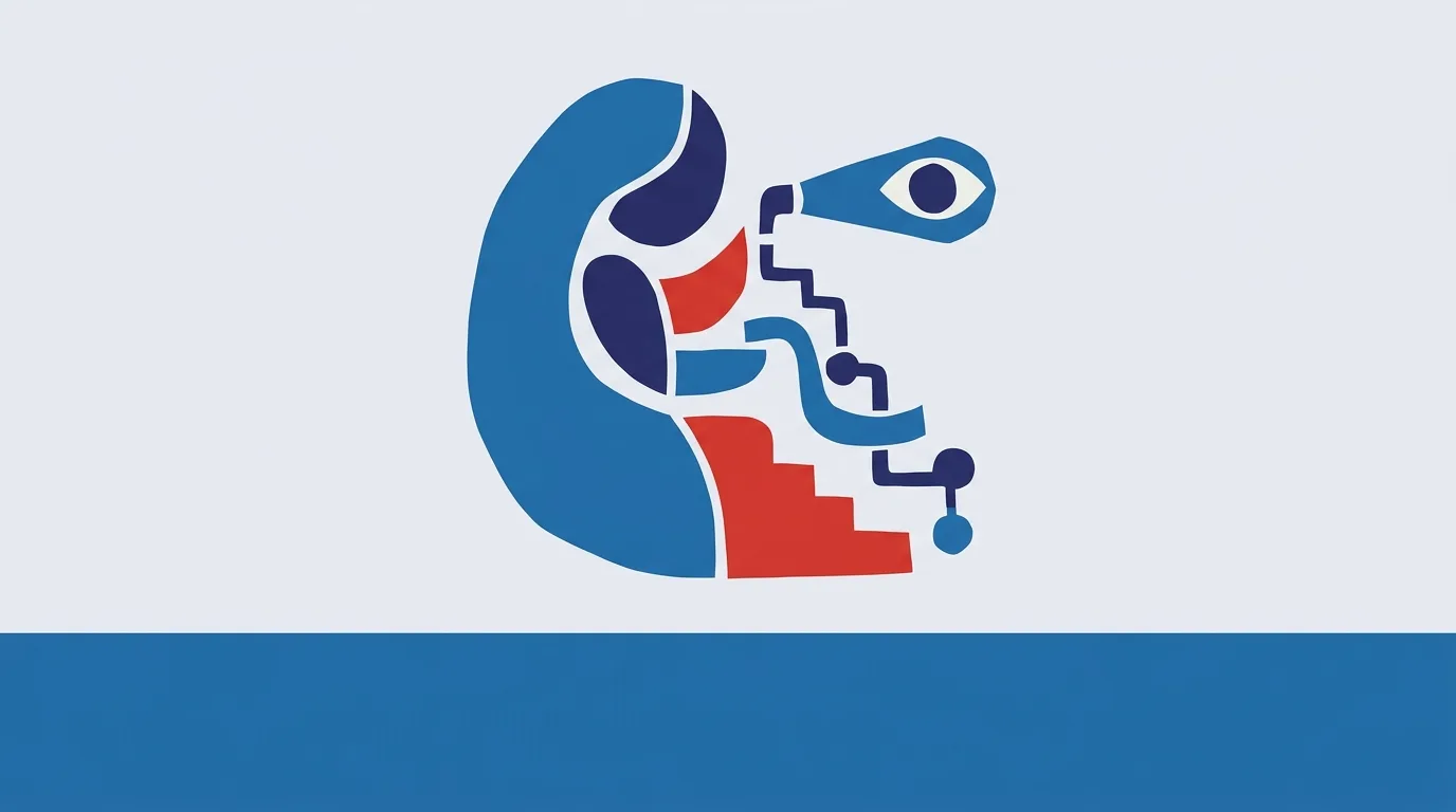 A blue figure with an eye-like shape beside descending blocks.
