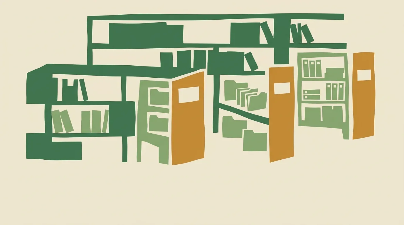 Green shelving and open doors arranged as an architectural diagram.