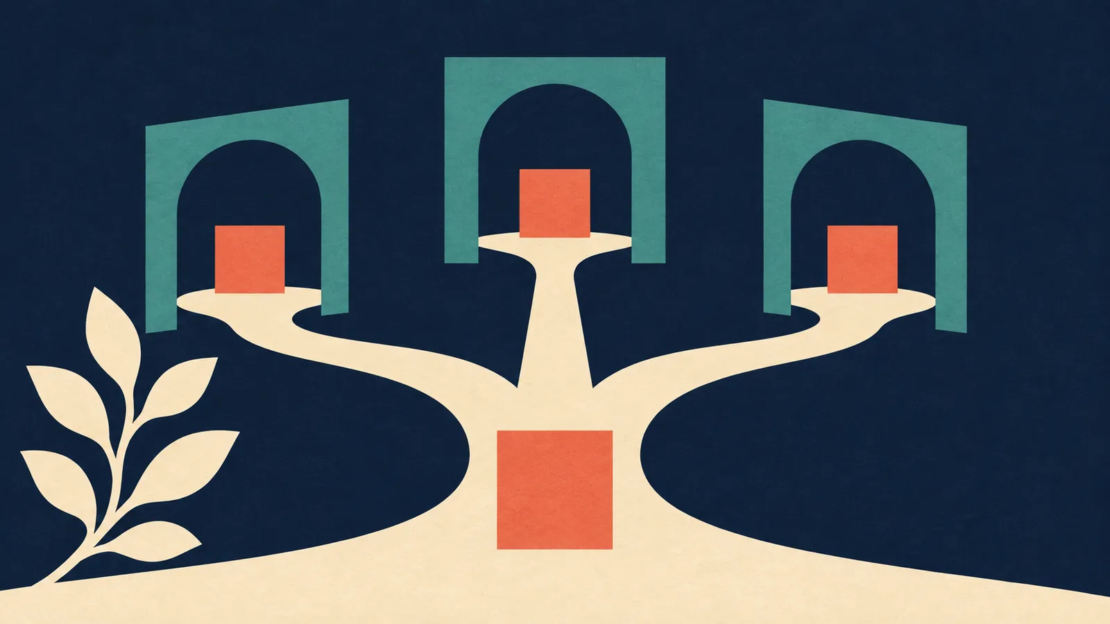 One coral square connects by cream paths to three matching squares inside teal arches on a navy background.