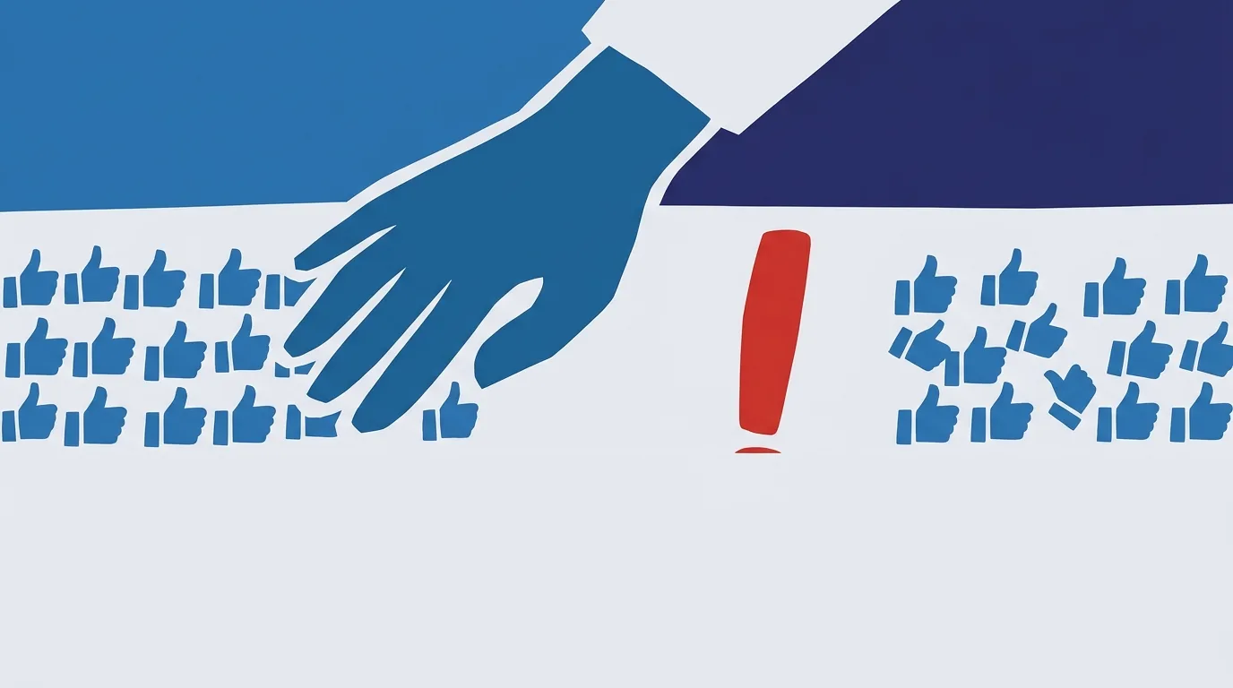 A blue hand sweeping across rows of thumbs-up symbols beside a red mark.